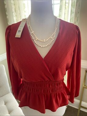 BCBGeneration Red Wrap Peplum Long-Sleeve Top